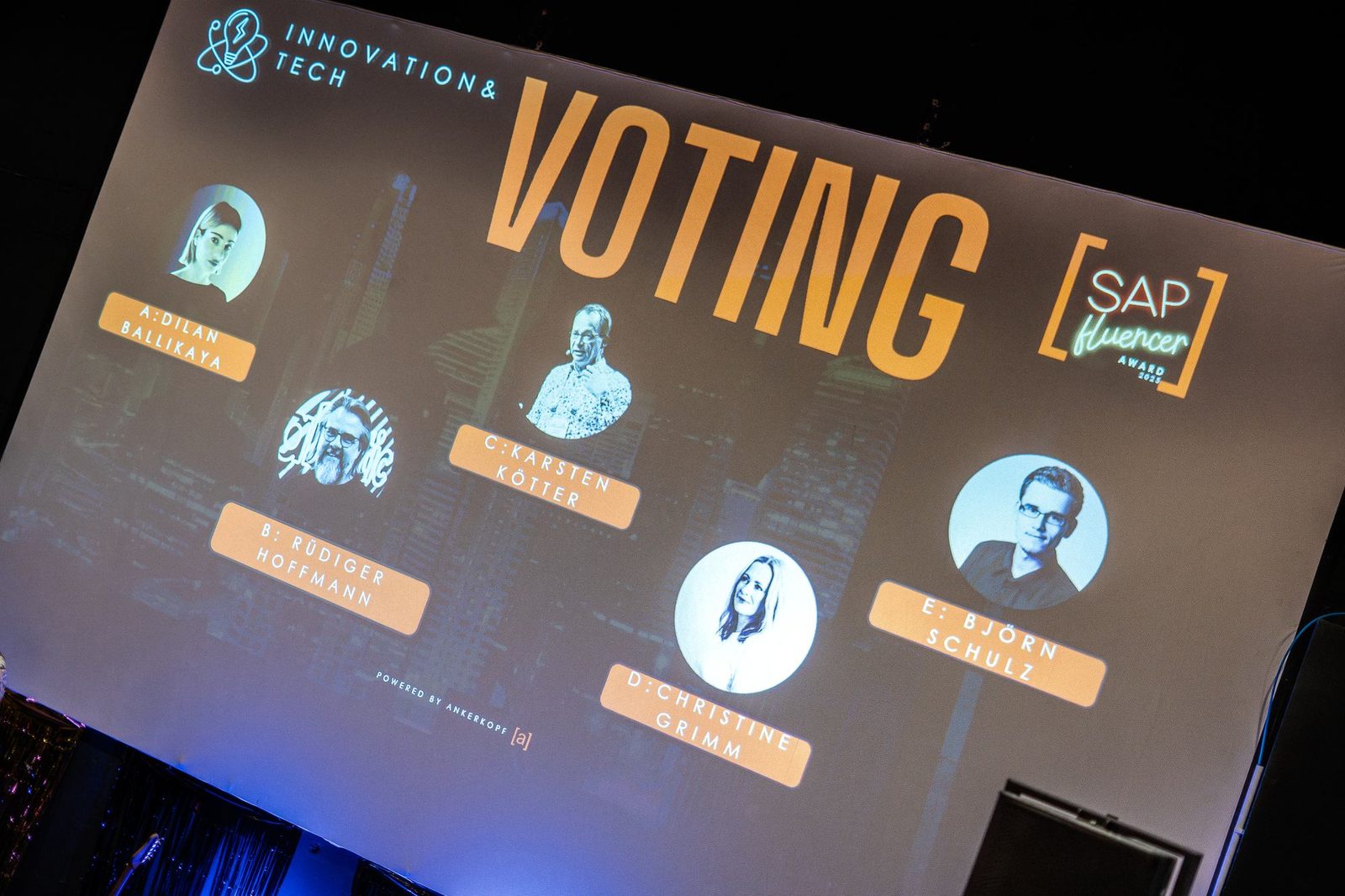 Leinwand mit den fünf Finalist:innen der Kategorie Innovation und Tech beim Voting
